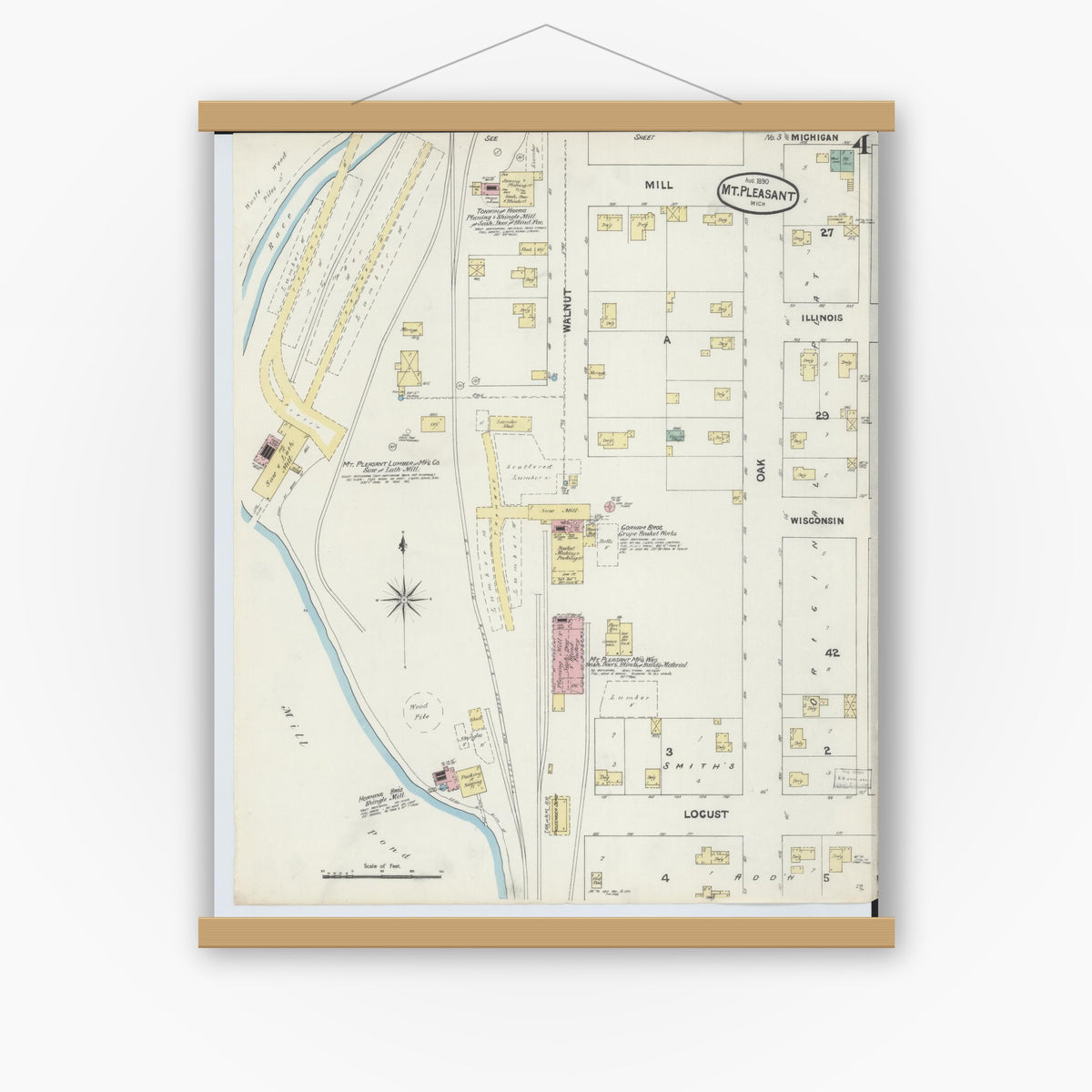 Old map wall art mockup — magnetic wood frame on white wall — Sanborn Fire Insurance Map from Mount Pleasant, Isabella County, Michigan (1890), Sheet #0004