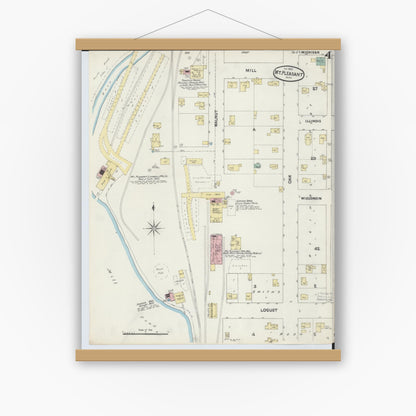 Old map wall art mockup — magnetic wood frame on white wall — Sanborn Fire Insurance Map from Mount Pleasant, Isabella County, Michigan (1890), Sheet #0004