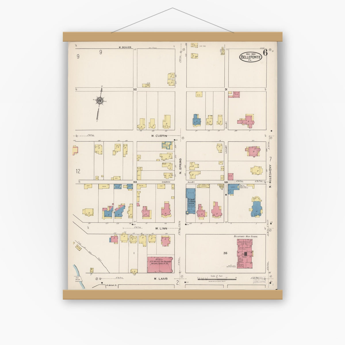 Old map wall art mockup — magnetic wood frame on white wall — Sanborn Fire Insurance Map from Bellefonte, Centre County, Pennsylvania (1922), Sheet #0006