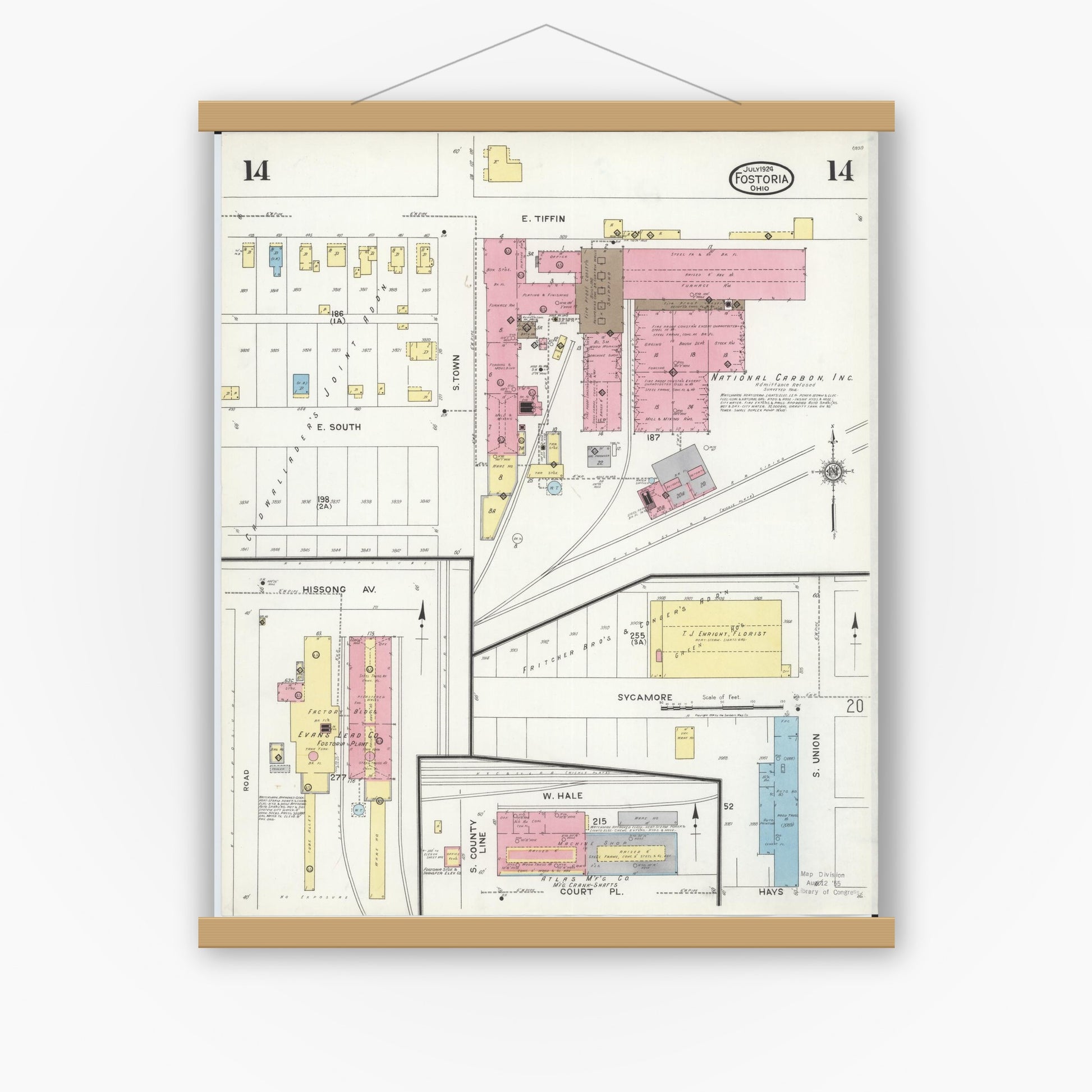 Old map wall art mockup — magnetic wood frame on white wall — Sanborn Fire Insurance Map from Fostoria, Seneca, Hancock, And Wood Counties, Ohio (1924), Sheet #0014