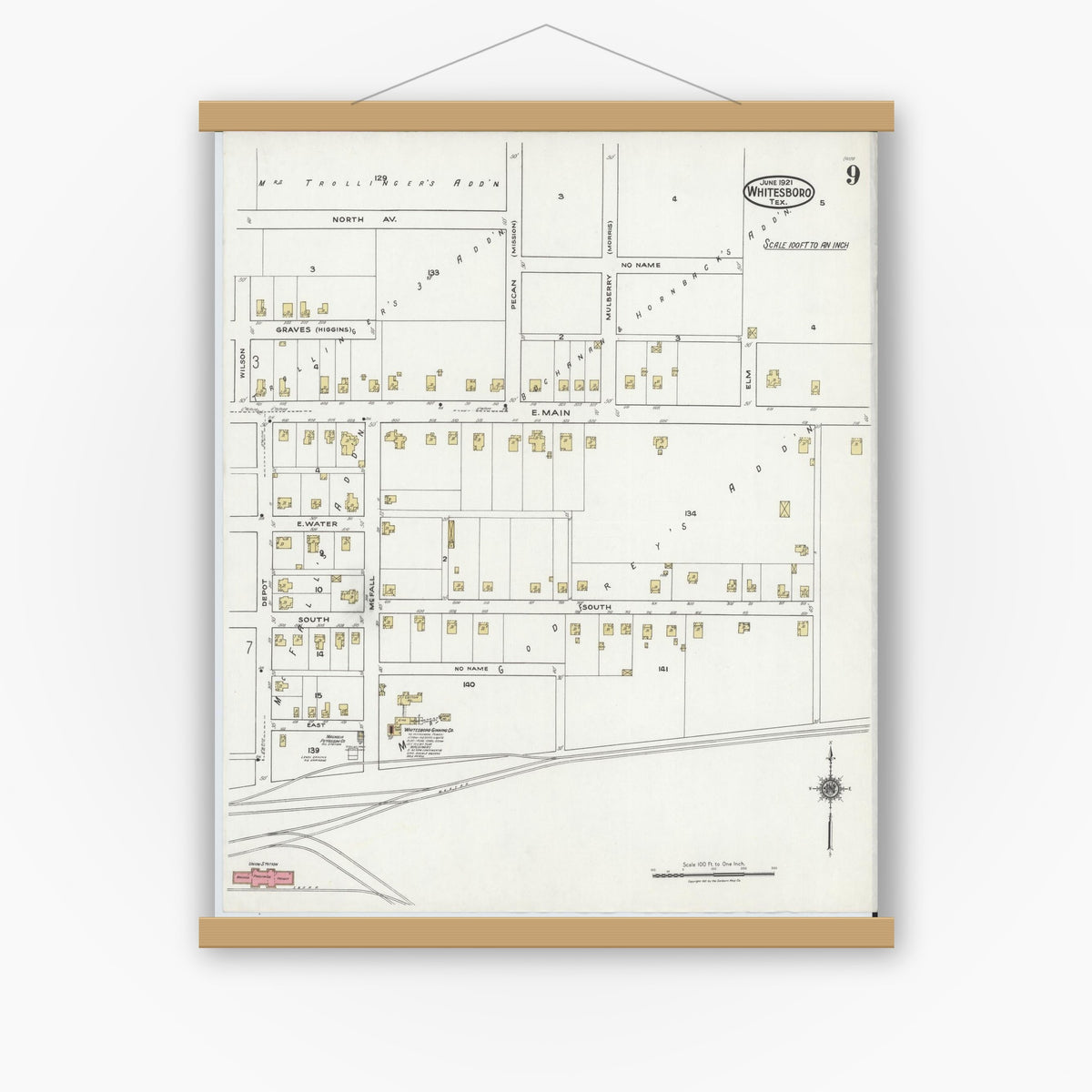 Old map wall art mockup — magnetic wood frame on white wall — Sanborn Fire Insurance Map from Whitesboro, Grayson County, Texas (1921), Sheet #0009