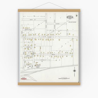 Old map wall art mockup — magnetic wood frame on white wall — Sanborn Fire Insurance Map from Whitesboro, Grayson County, Texas (1921), Sheet #0009