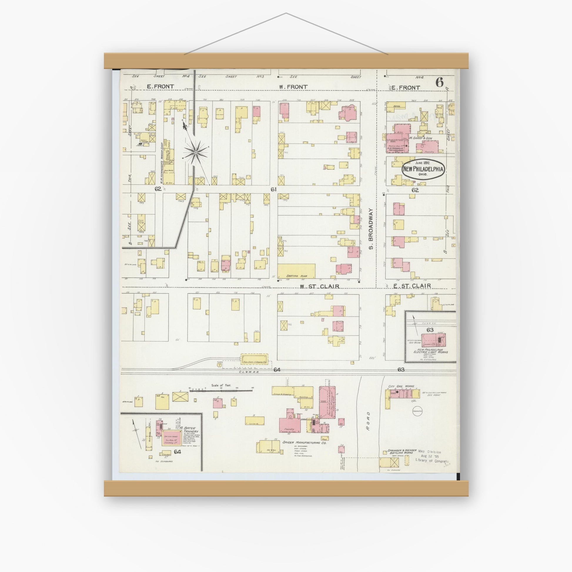 Old map wall art mockup — magnetic wood frame on white wall — Sanborn Fire Insurance Map from New Philadelphia, Tuscarawas County, Ohio (1892), Sheet #0006