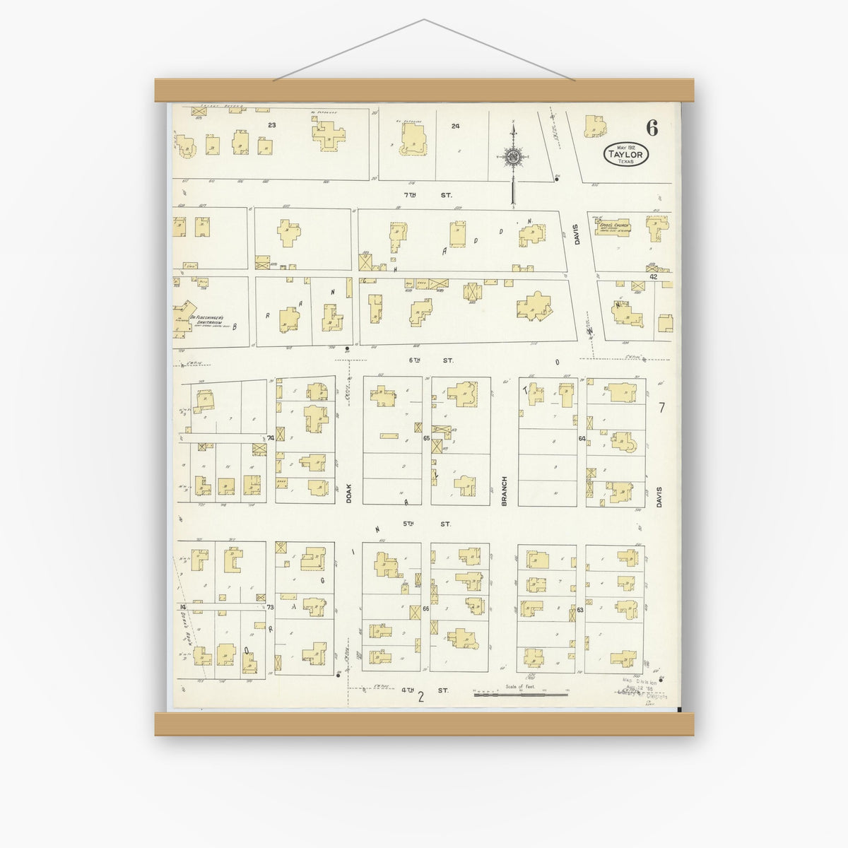 Old map wall art mockup — magnetic wood frame on white wall — Sanborn Fire Insurance Map from Taylor, Williamson County, Texas (1912), Sheet #0006