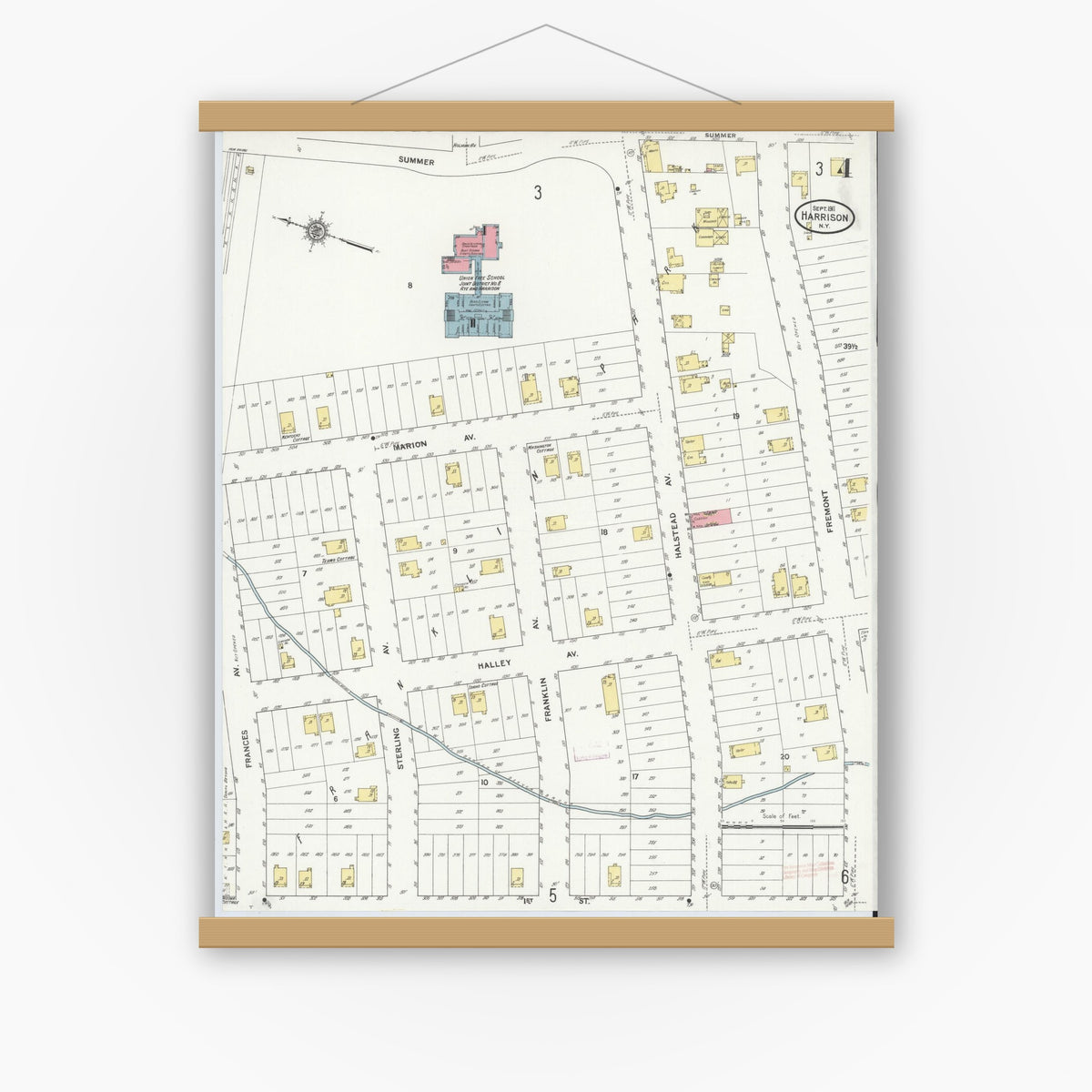 Old map wall art mockup — magnetic wood frame on white wall — Sanborn Fire Insurance Map from Harrison, Westchester County, New York (1911), Sheet #0004