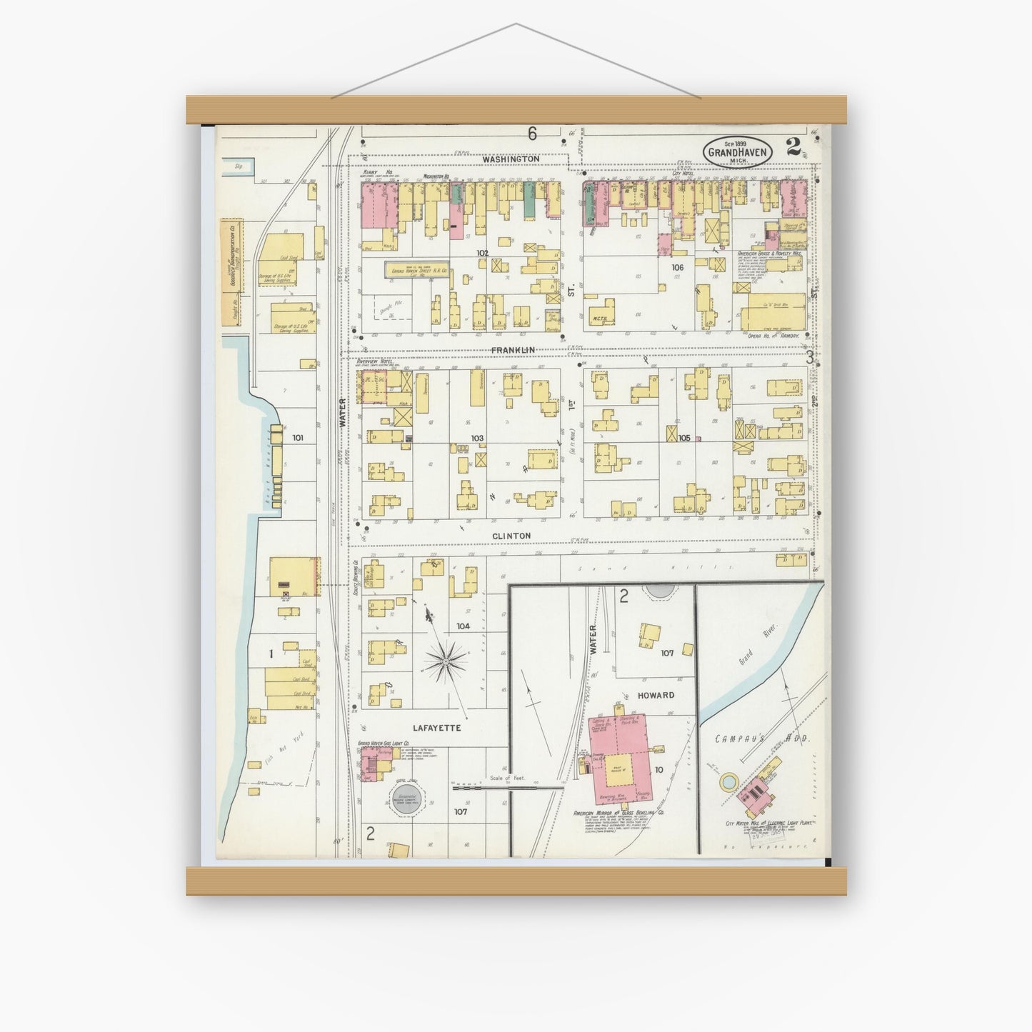 Old map wall art mockup — magnetic wood frame on white wall — Sanborn Fire Insurance Map from Grand Haven, Ottawa County, Michigan (1899), Sheet #0002