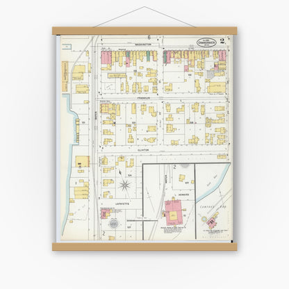 Old map wall art mockup — magnetic wood frame on white wall — Sanborn Fire Insurance Map from Grand Haven, Ottawa County, Michigan (1899), Sheet #0002