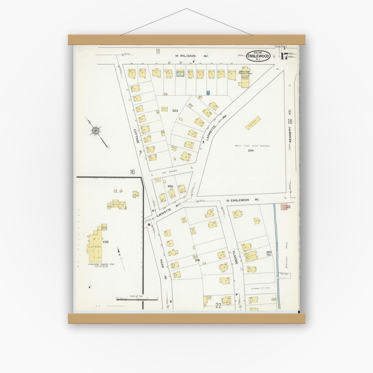 Old map wall art mockup — magnetic wood frame on white wall — Sanborn Fire Insurance Map from Englewood, Bergen County, New Jersey (1915), Sheet #0017