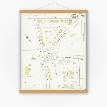 Old map wall art mockup — magnetic wood frame on white wall — Sanborn Fire Insurance Map from Englewood, Bergen County, New Jersey (1915), Sheet #0017