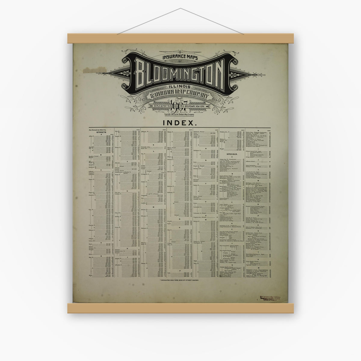 Old map wall art mockup — magnetic wood frame on white wall — Sanborn Fire Insurance Map from Bloomington, McLean County, Illinois (1907), Sheet #0001