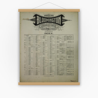 Old map wall art mockup — magnetic wood frame on white wall — Sanborn Fire Insurance Map from Bloomington, McLean County, Illinois (1907), Sheet #0001