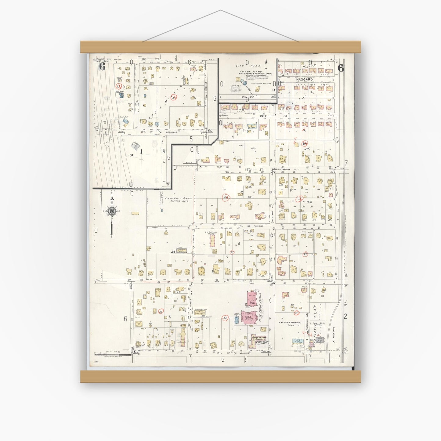 Old map wall art mockup — magnetic wood frame on white wall — Sanborn Fire Insurance Map from Plano, Collin County, Texas (1961), Sheet #0006