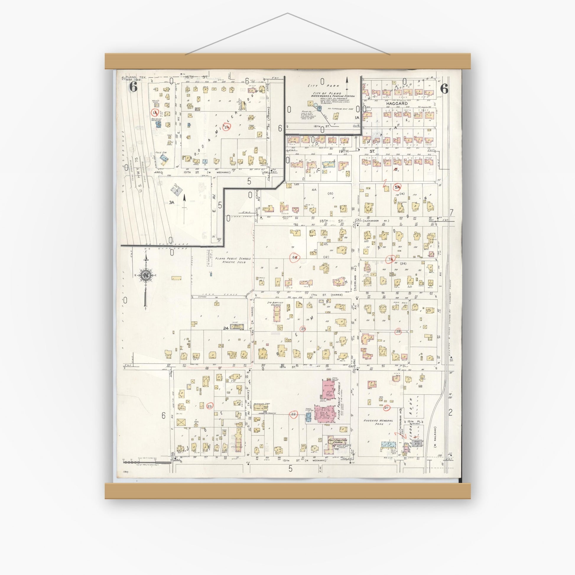 Old map wall art mockup — magnetic wood frame on white wall — Sanborn Fire Insurance Map from Plano, Collin County, Texas (1961), Sheet #0006