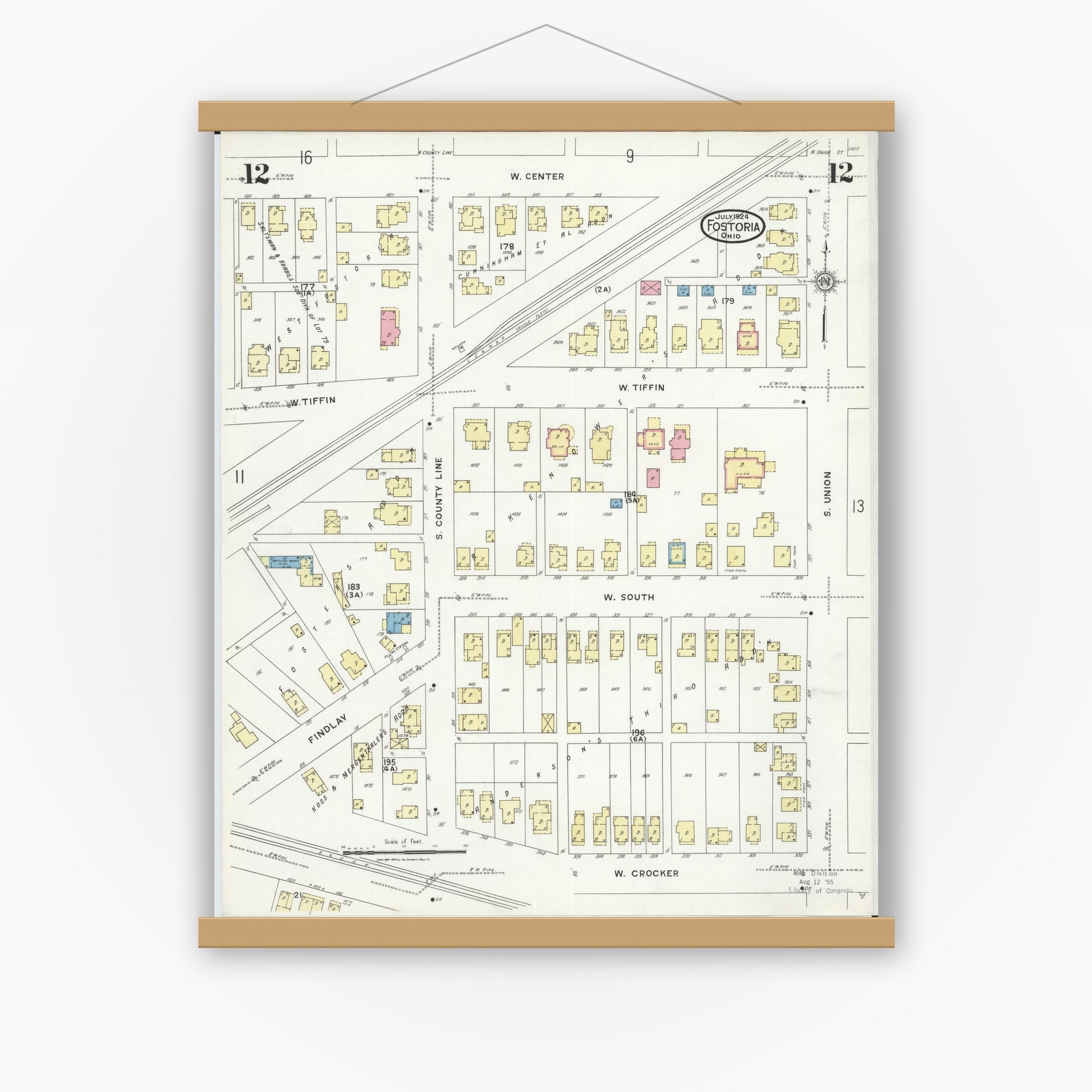 Old map wall art mockup — magnetic wood frame on white wall — Sanborn Fire Insurance Map from Fostoria, Seneca, Hancock, And Wood Counties, Ohio (1924), Sheet #0012