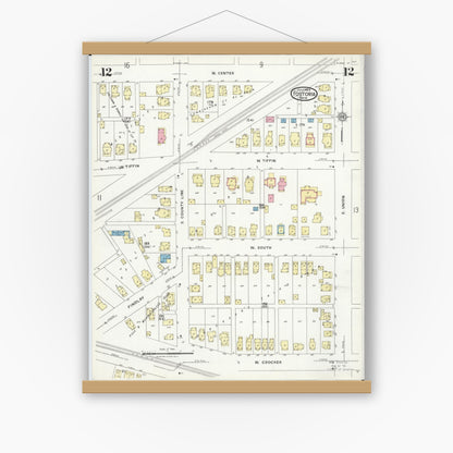 Old map wall art mockup — magnetic wood frame on white wall — Sanborn Fire Insurance Map from Fostoria, Seneca, Hancock, And Wood Counties, Ohio (1924), Sheet #0012