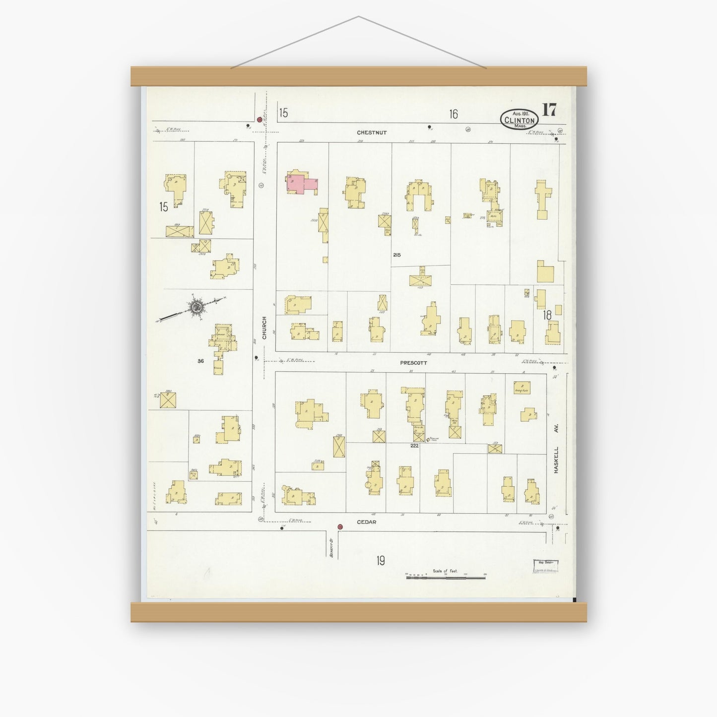 Old map wall art mockup — magnetic wood frame on white wall — Sanborn Fire Insurance Map from Clinton, Worcester County, Massachusetts (1911), Sheet #0017