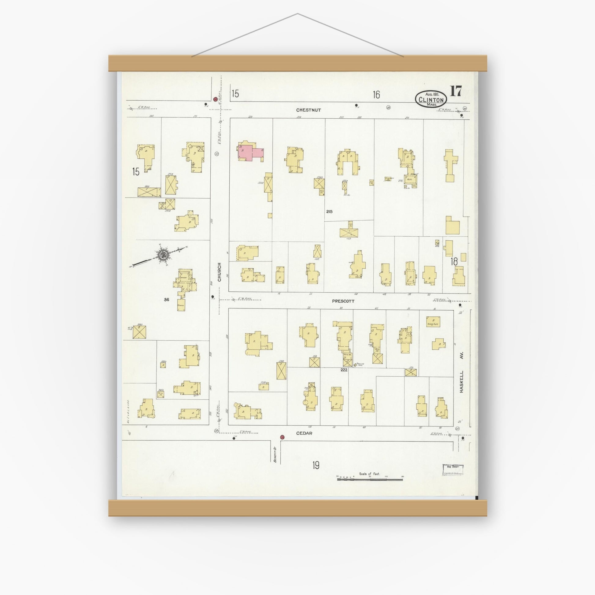 Old map wall art mockup — magnetic wood frame on white wall — Sanborn Fire Insurance Map from Clinton, Worcester County, Massachusetts (1911), Sheet #0017