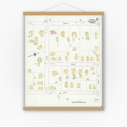 Old map wall art mockup — magnetic wood frame on white wall — Sanborn Fire Insurance Map from Clinton, Worcester County, Massachusetts (1911), Sheet #0017