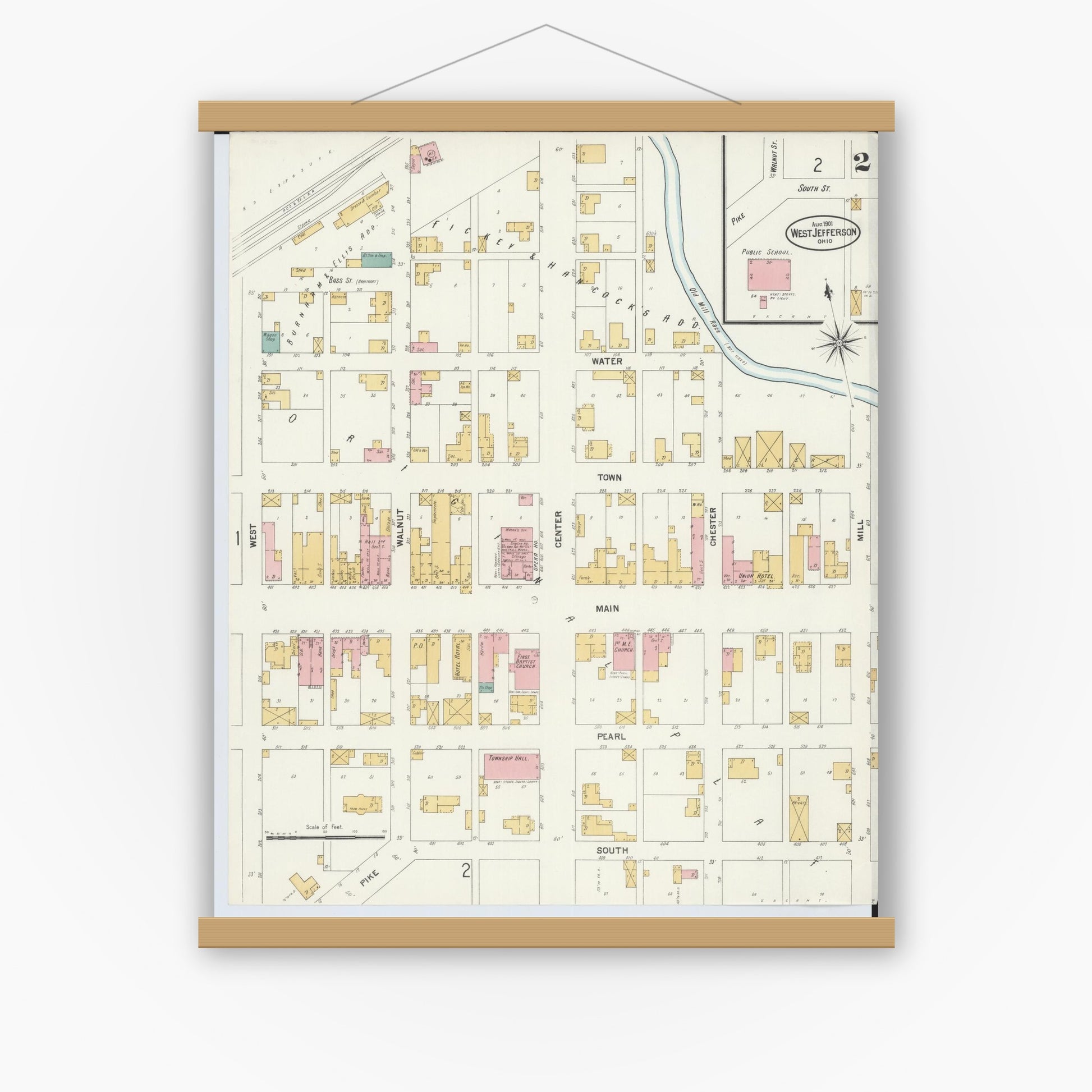 Old map wall art mockup — magnetic wood frame on white wall — Sanborn Fire Insurance Map from West Jefferson, Madison County, Ohio (1901), Sheet #0002
