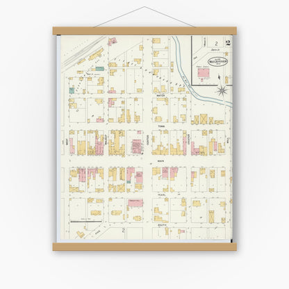 Old map wall art mockup — magnetic wood frame on white wall — Sanborn Fire Insurance Map from West Jefferson, Madison County, Ohio (1901), Sheet #0002
