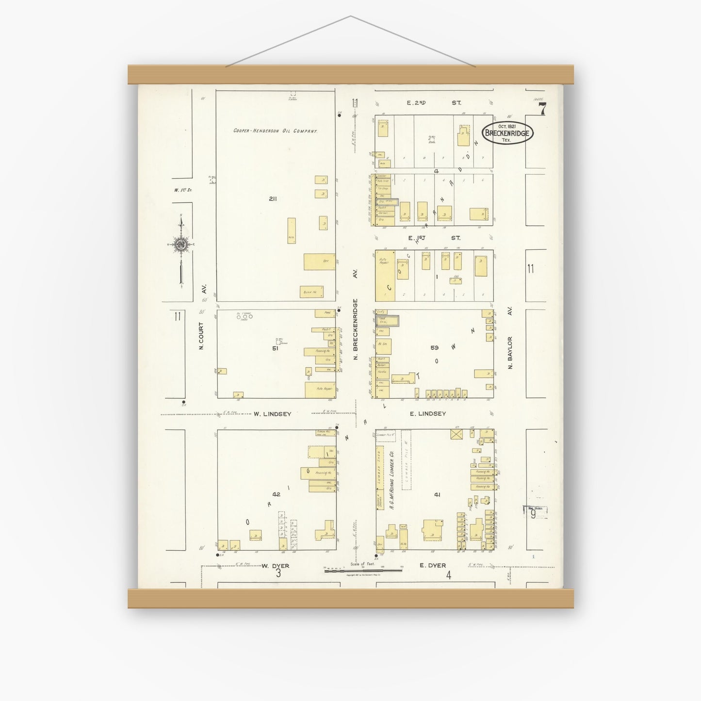 Old map wall art mockup — magnetic wood frame on white wall — Sanborn Fire Insurance Map from Breckenridge, Stephens County, Texas (1921), Sheet #0007
