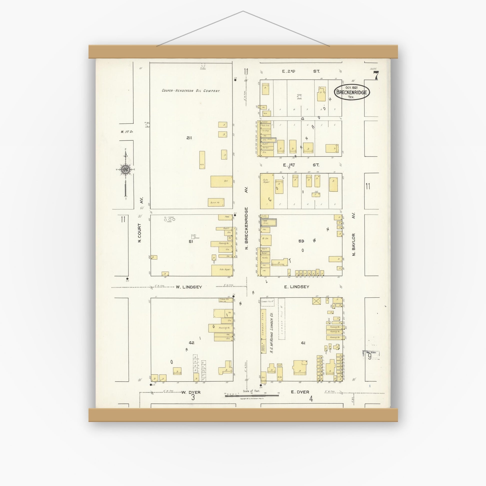 Old map wall art mockup — magnetic wood frame on white wall — Sanborn Fire Insurance Map from Breckenridge, Stephens County, Texas (1921), Sheet #0007