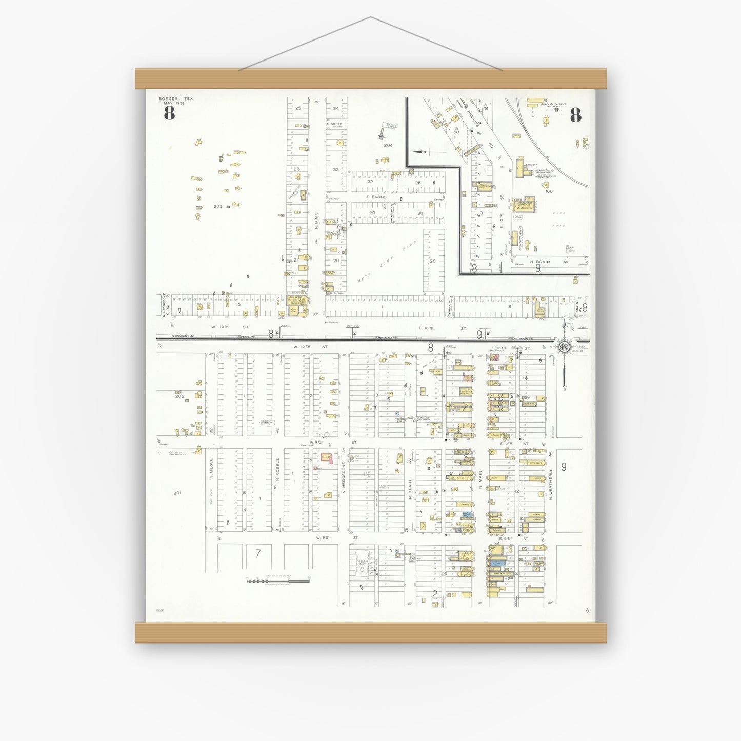 Old map wall art mockup — magnetic wood frame on white wall — Sanborn Fire Insurance Map from Borger, Hutchinson County, Texas (1933), Sheet #0008