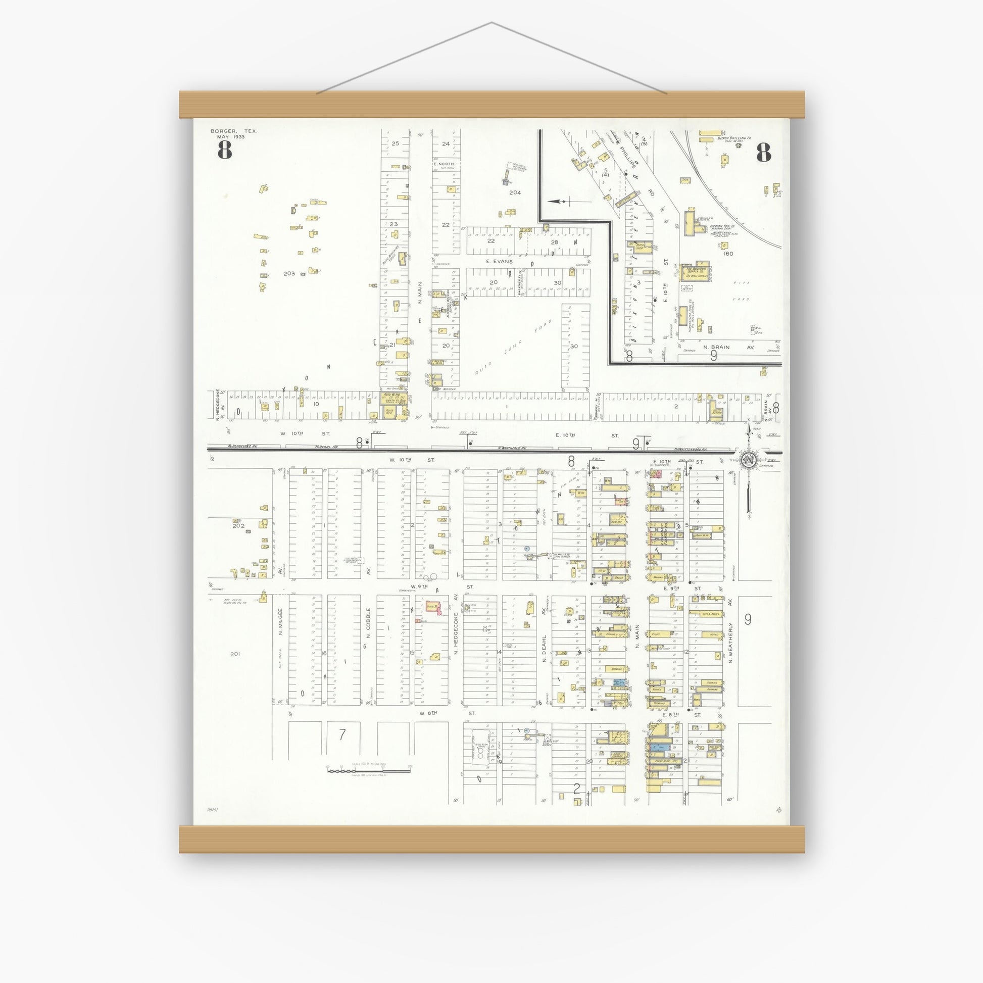 Old map wall art mockup — magnetic wood frame on white wall — Sanborn Fire Insurance Map from Borger, Hutchinson County, Texas (1933), Sheet #0008