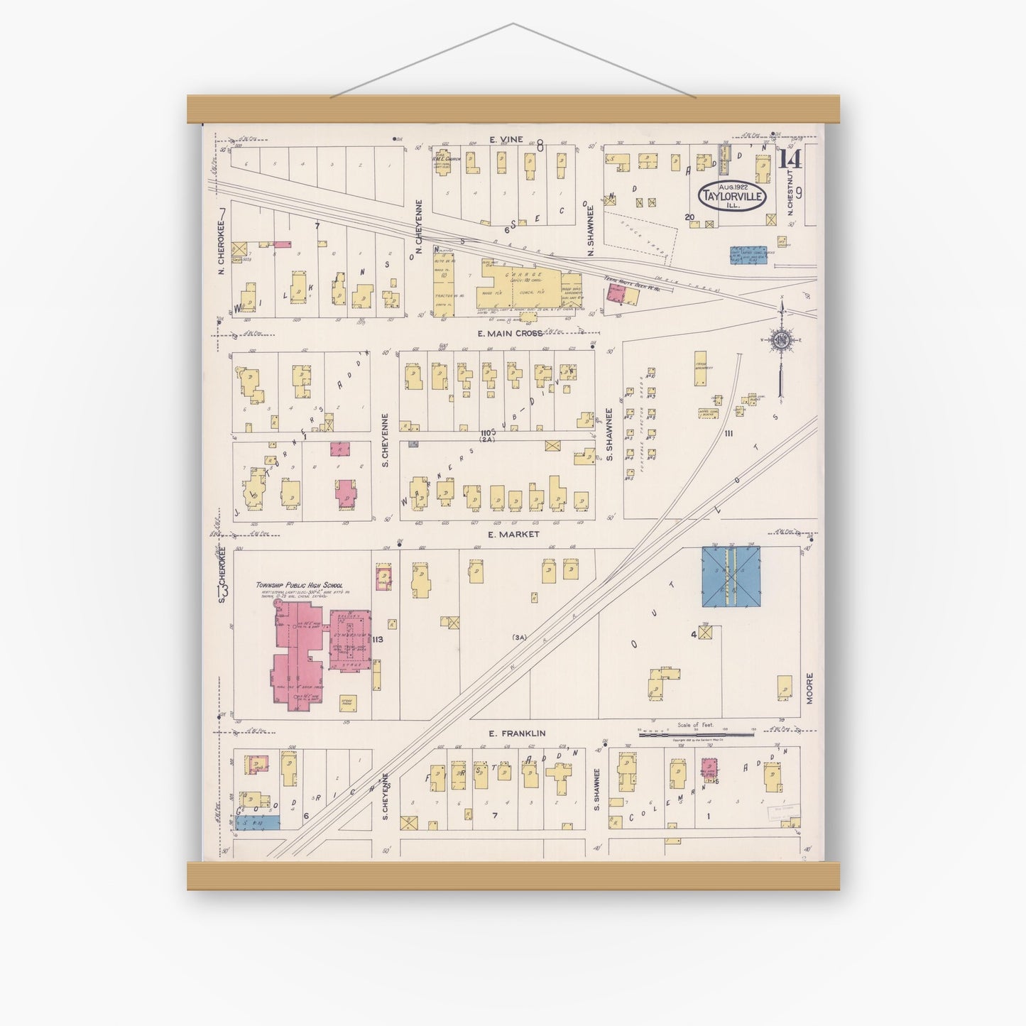 Old map wall art mockup — magnetic wood frame on white wall — Sanborn Fire Insurance Map from Taylorville, Christian County, Illinois (1922), Sheet #0014
