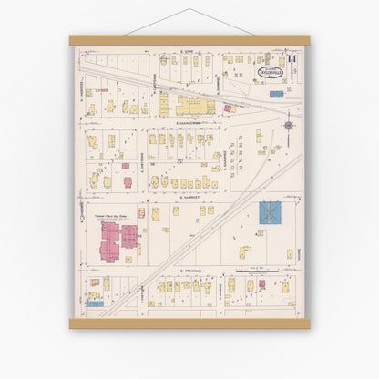 Old map wall art mockup — magnetic wood frame on white wall — Sanborn Fire Insurance Map from Taylorville, Christian County, Illinois (1922), Sheet #0014