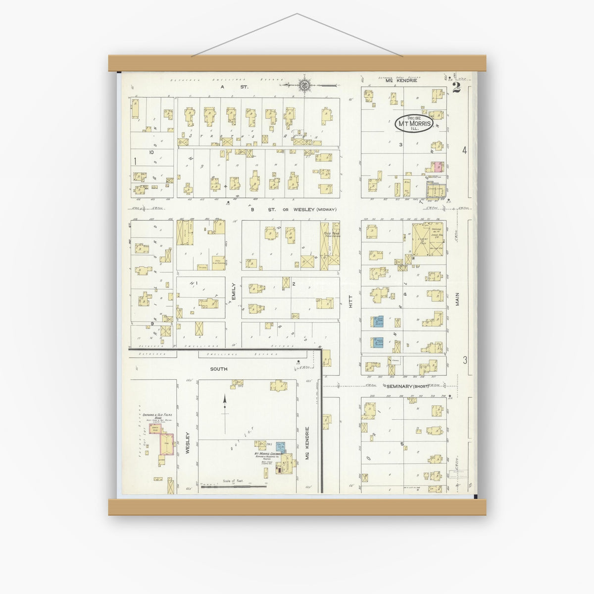 Old map wall art mockup — magnetic wood frame on white wall — Sanborn Fire Insurance Map from Mount Morris, Ogle County, Illinois (1912), Sheet #0002