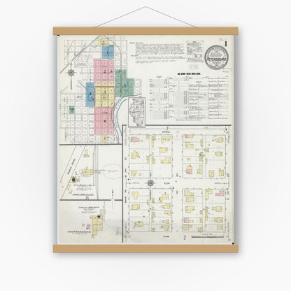 Old map wall art mockup — magnetic wood frame on white wall — Sanborn Fire Insurance Map from Petersburg, Menard County, Illinois (1914) - Complete Map Set