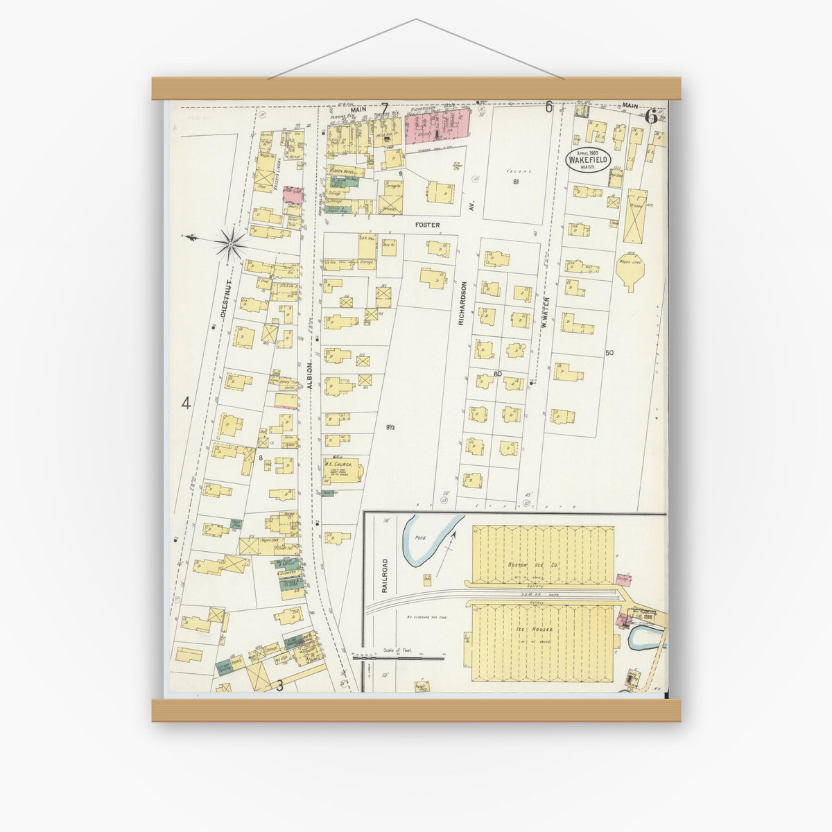 Old map wall art mockup — magnetic wood frame on white wall — Sanborn Fire Insurance Map from Wakefield, Middlesex County, Massachusetts (1903), Sheet #0006