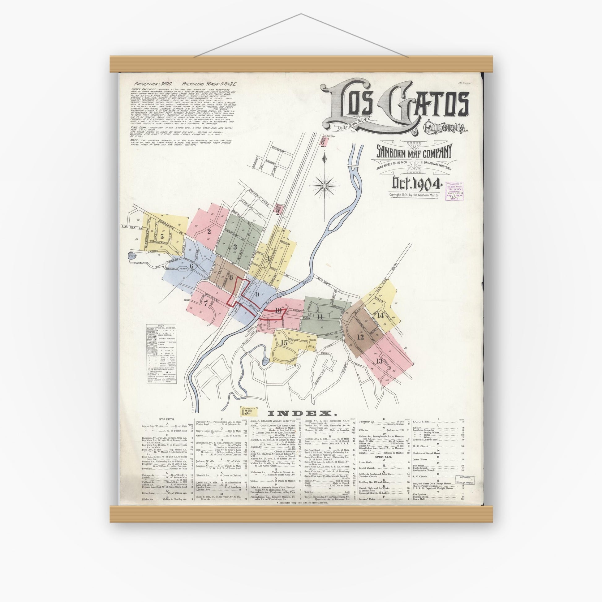 Old map wall art mockup — magnetic wood frame on white wall — Sanborn Fire Insurance Map from Los Gatos, Santa Clara County, California (1904) - Complete Map Set