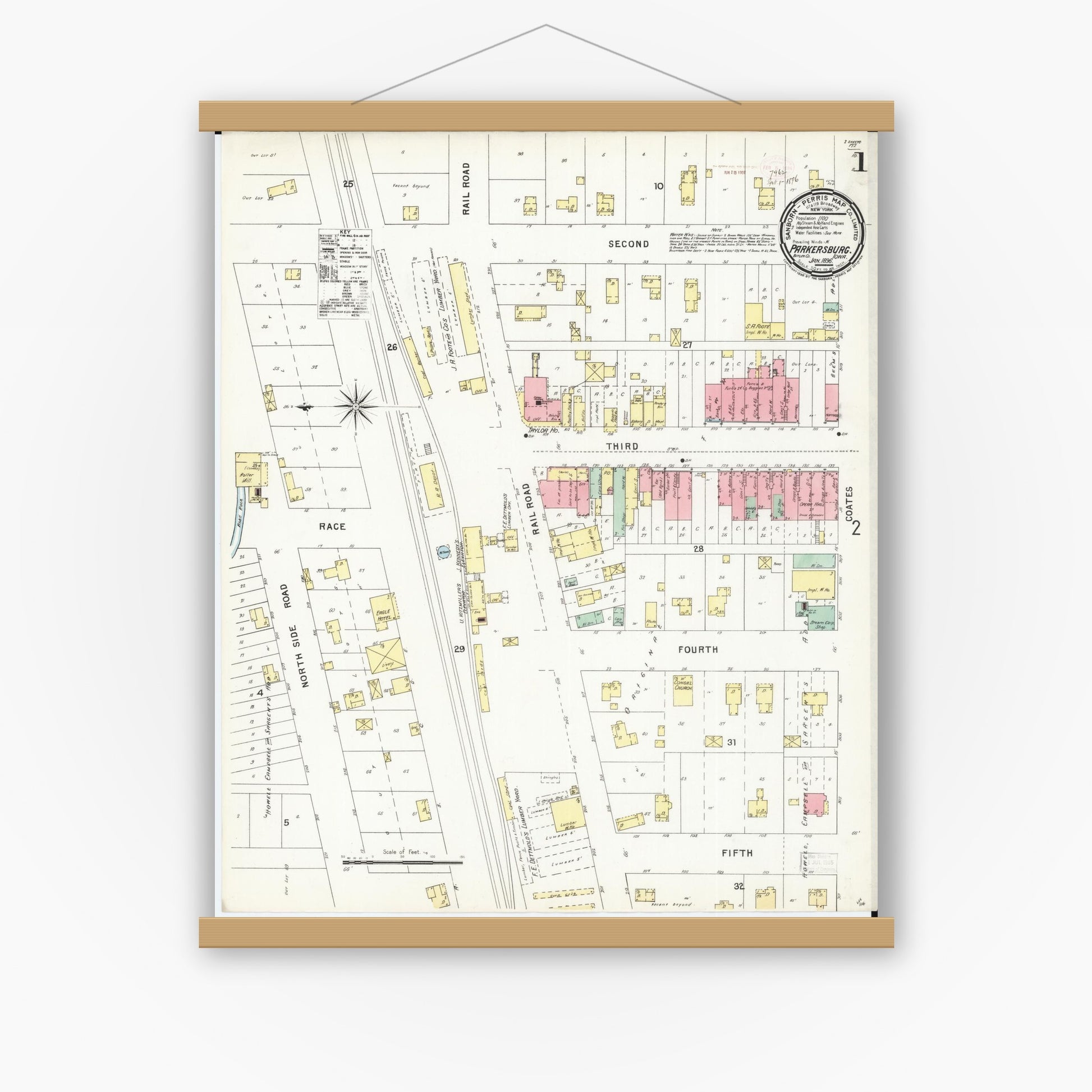 Old map wall art mockup — magnetic wood frame on white wall — Sanborn Fire Insurance Map from Parkersburg, Butler County, Iowa (1896), Sheet #0001