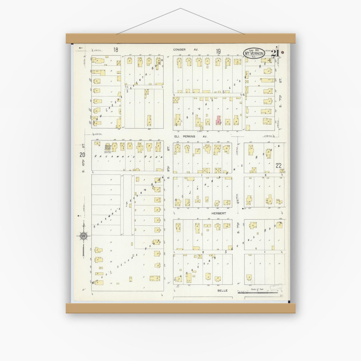 Old map wall art mockup — magnetic wood frame on white wall — Sanborn Fire Insurance Map from Mount Vernon, Jefferson County, Illinois (1913), Sheet #0021