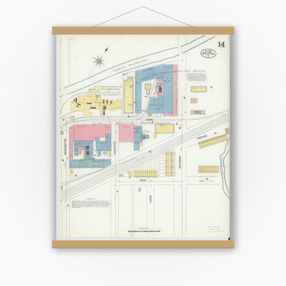 Old map wall art mockup — magnetic wood frame on white wall — Sanborn Fire Insurance Map from Bristol, Bucks County, Pennsylvania (1903), Sheet #0014