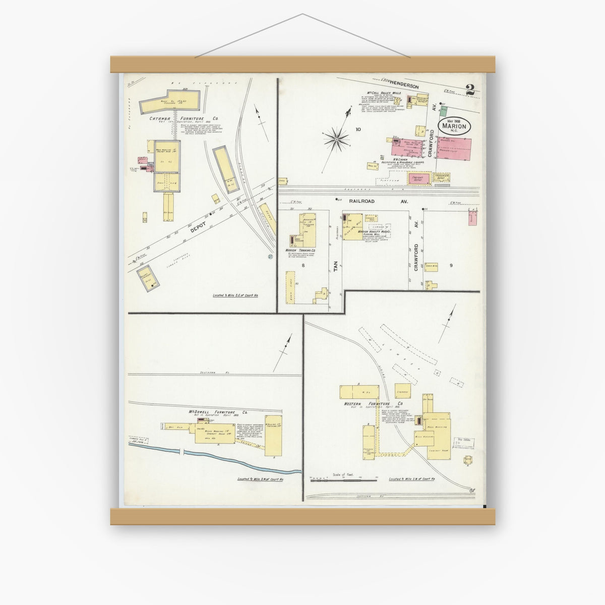 Old map wall art mockup — magnetic wood frame on white wall — Sanborn Fire Insurance Map from Marion, Mcdowell County, North Carolina (1908), Sheet #0002