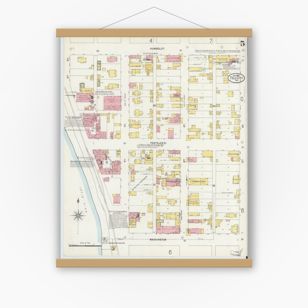 Old map wall art mockup — magnetic wood frame on white wall — Sanborn Fire Insurance Map from Tell City, Perry County, Indiana (1898), Sheet #0005