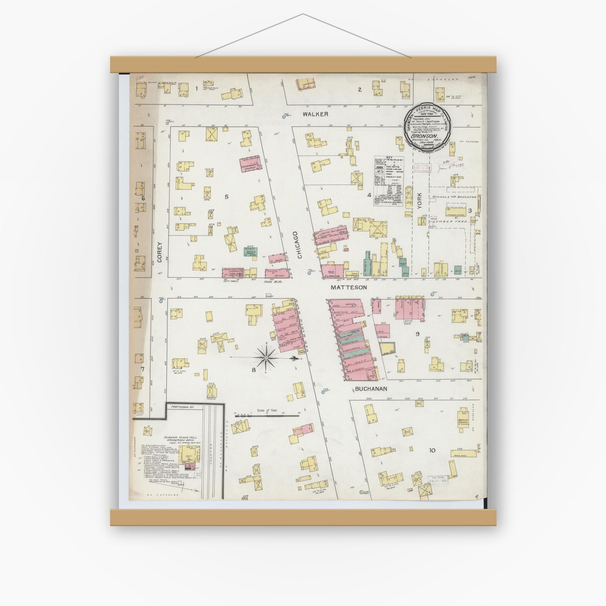 Old map wall art mockup — magnetic wood frame on white wall — Sanborn Fire Insurance Map from Bronson, Branch County, Michigan (1892), Sheet #0001