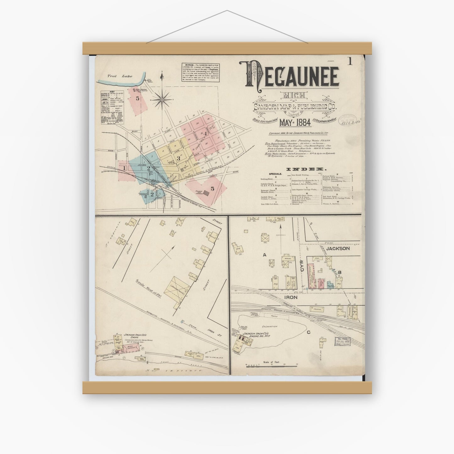 Old map wall art mockup — magnetic wood frame on white wall — Sanborn Fire Insurance Map from Negaunee, Marquette County, Michigan (1884) - Complete Map Set