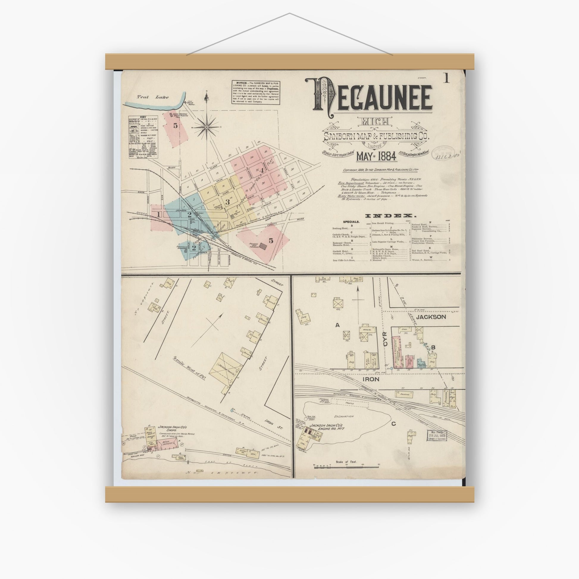 Old map wall art mockup — magnetic wood frame on white wall — Sanborn Fire Insurance Map from Negaunee, Marquette County, Michigan (1884) - Complete Map Set