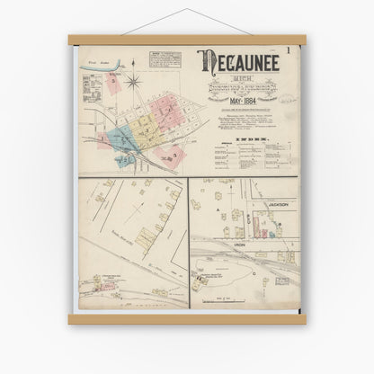 Old map wall art mockup — magnetic wood frame on white wall — Sanborn Fire Insurance Map from Negaunee, Marquette County, Michigan (1884) - Complete Map Set