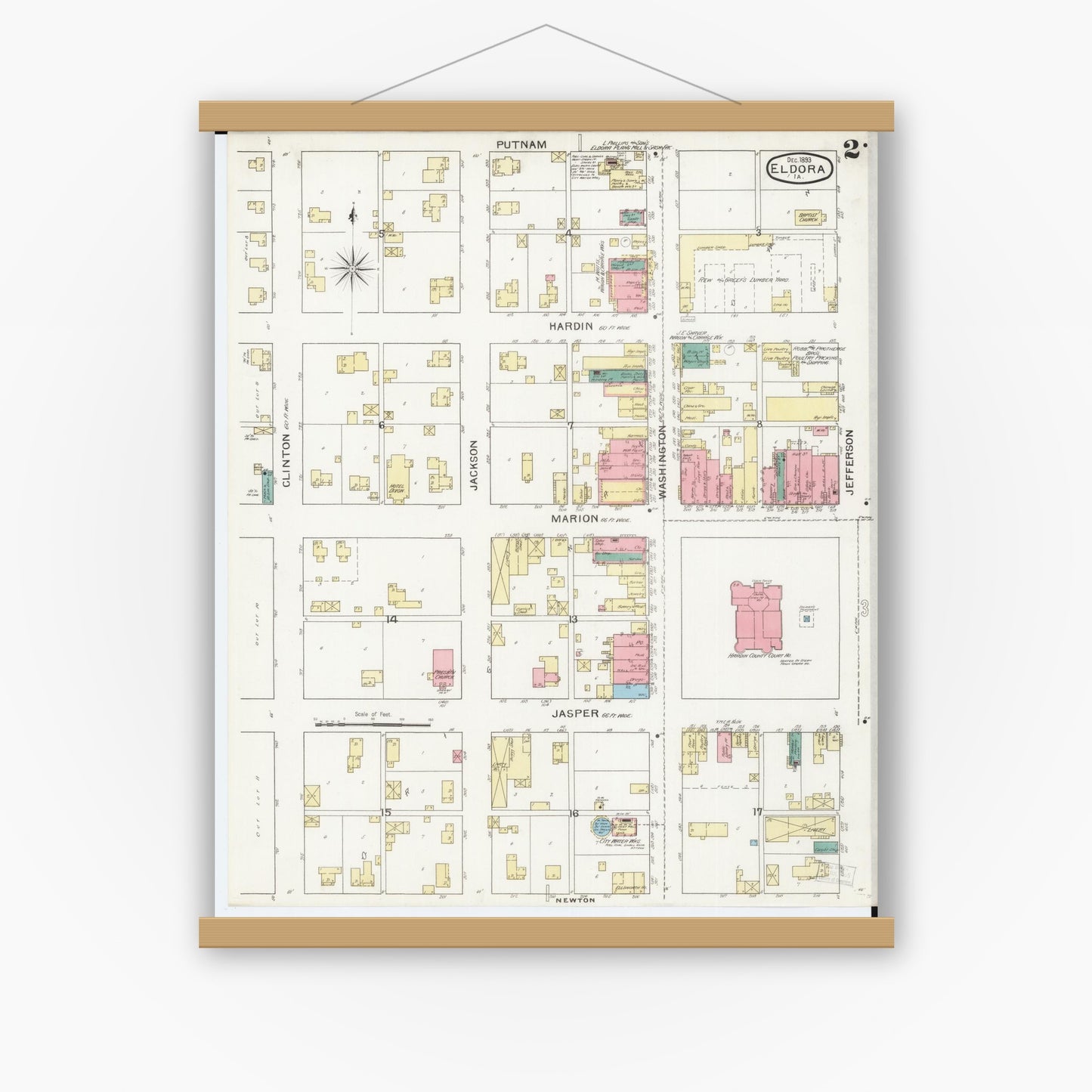Old map wall art mockup — magnetic wood frame on white wall — Sanborn Fire Insurance Map from Eldora, Hardin County, Iowa (1893), Sheet #0002