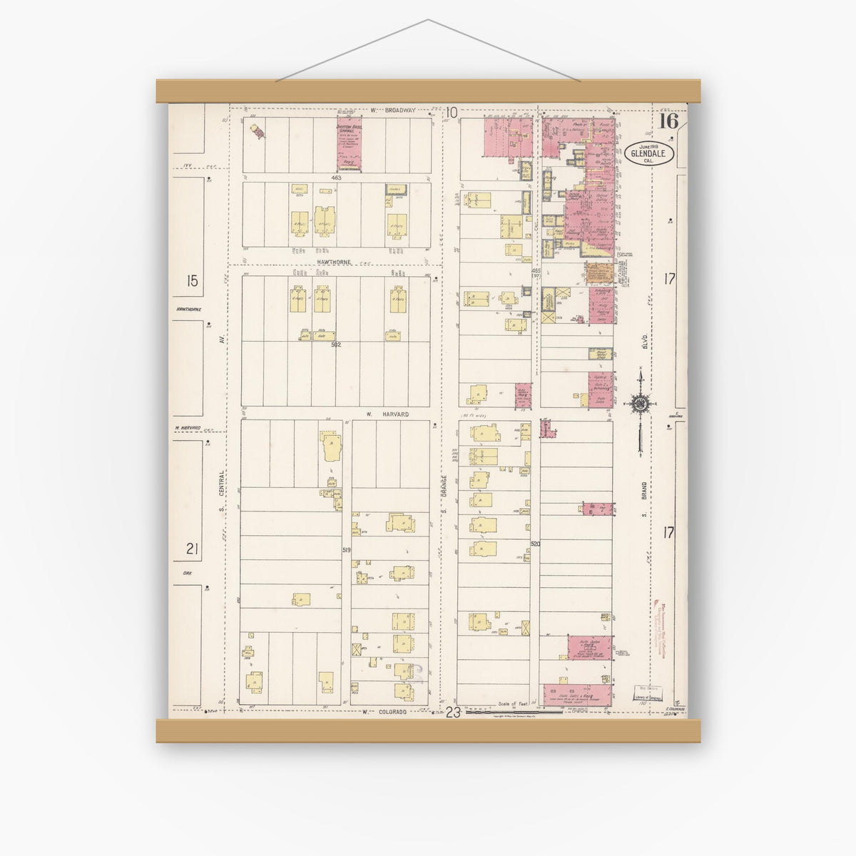 Old map wall art mockup — magnetic wood frame on white wall — Sanborn Fire Insurance Map from Glendale, Los Angeles County, California (1919), Sheet #0016