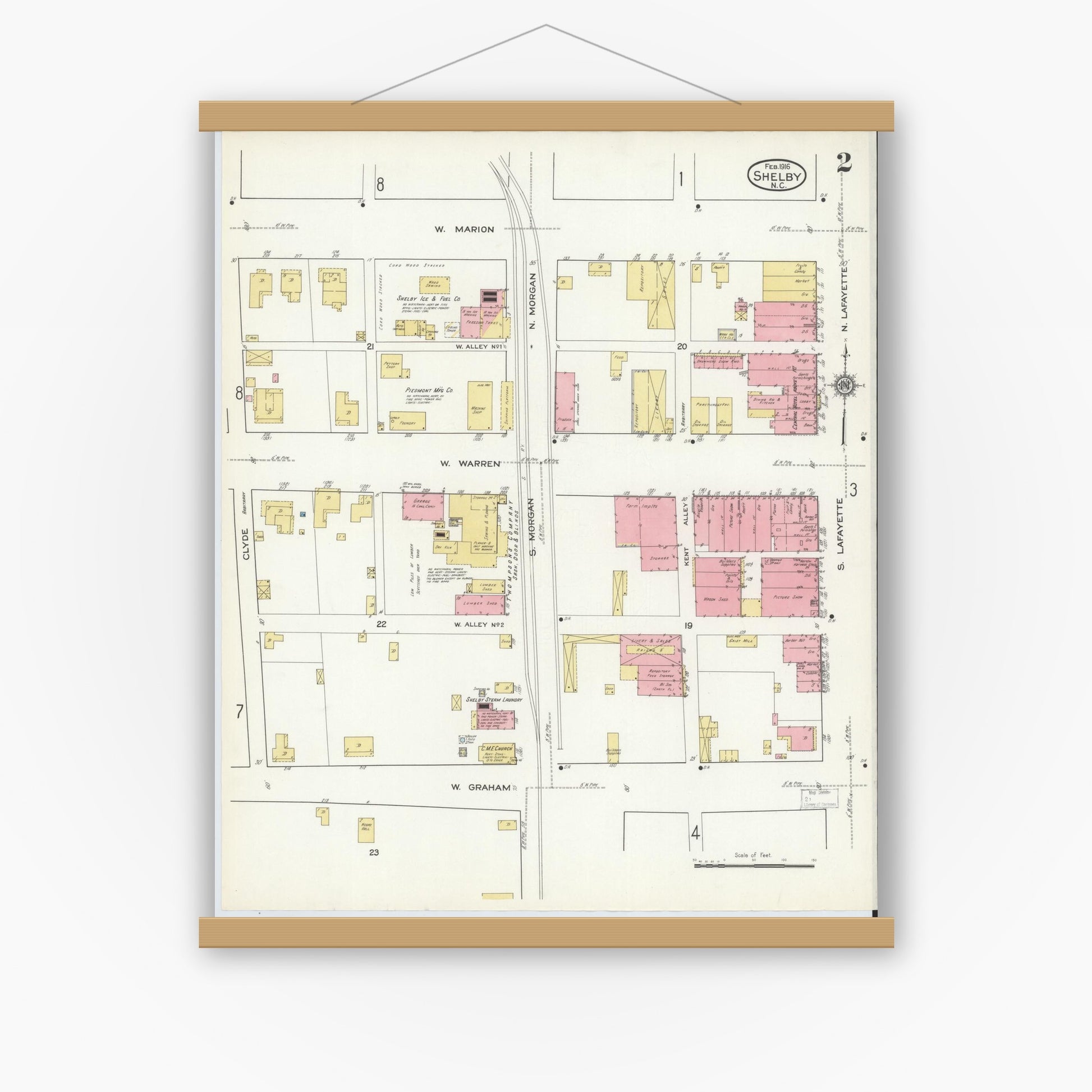 Old map wall art mockup — magnetic wood frame on white wall — Sanborn Fire Insurance Map from Shelby, Cleveland County, North Carolina (1916), Sheet #0002