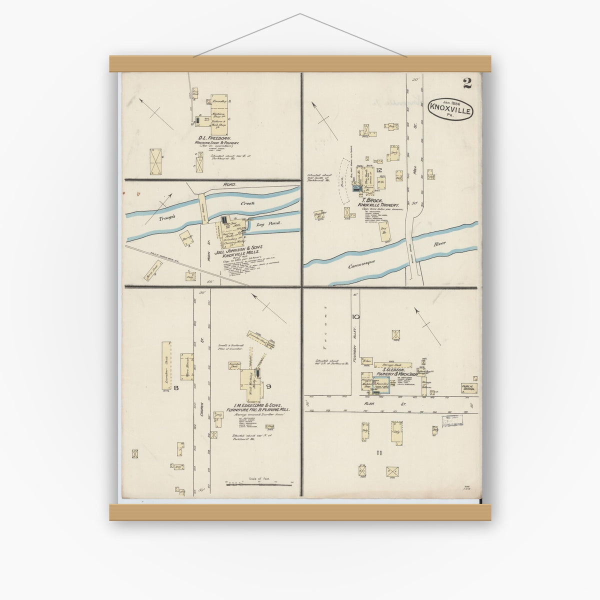 Old map wall art mockup — magnetic wood frame on white wall — Sanborn Fire Insurance Map from Knoxville, Tioga County, Pennsylvania (1886), Sheet #0002