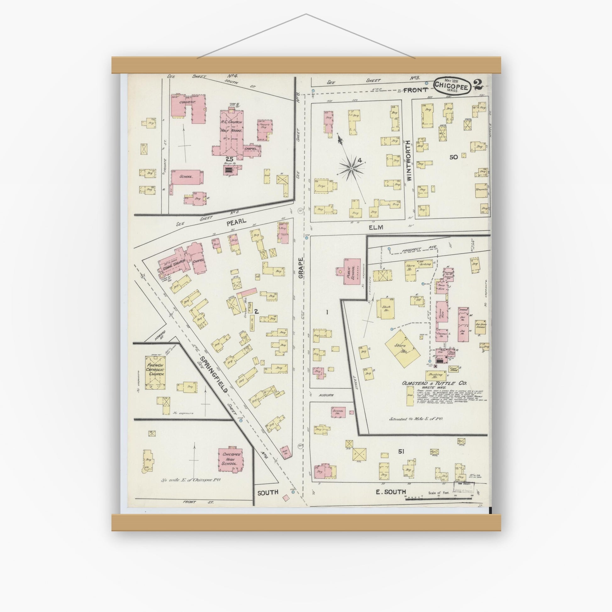 Old map wall art mockup — magnetic wood frame on white wall — Sanborn Fire Insurance Map from Chicopee, Hampden County, Massachusetts (1891) - Complete Map Set