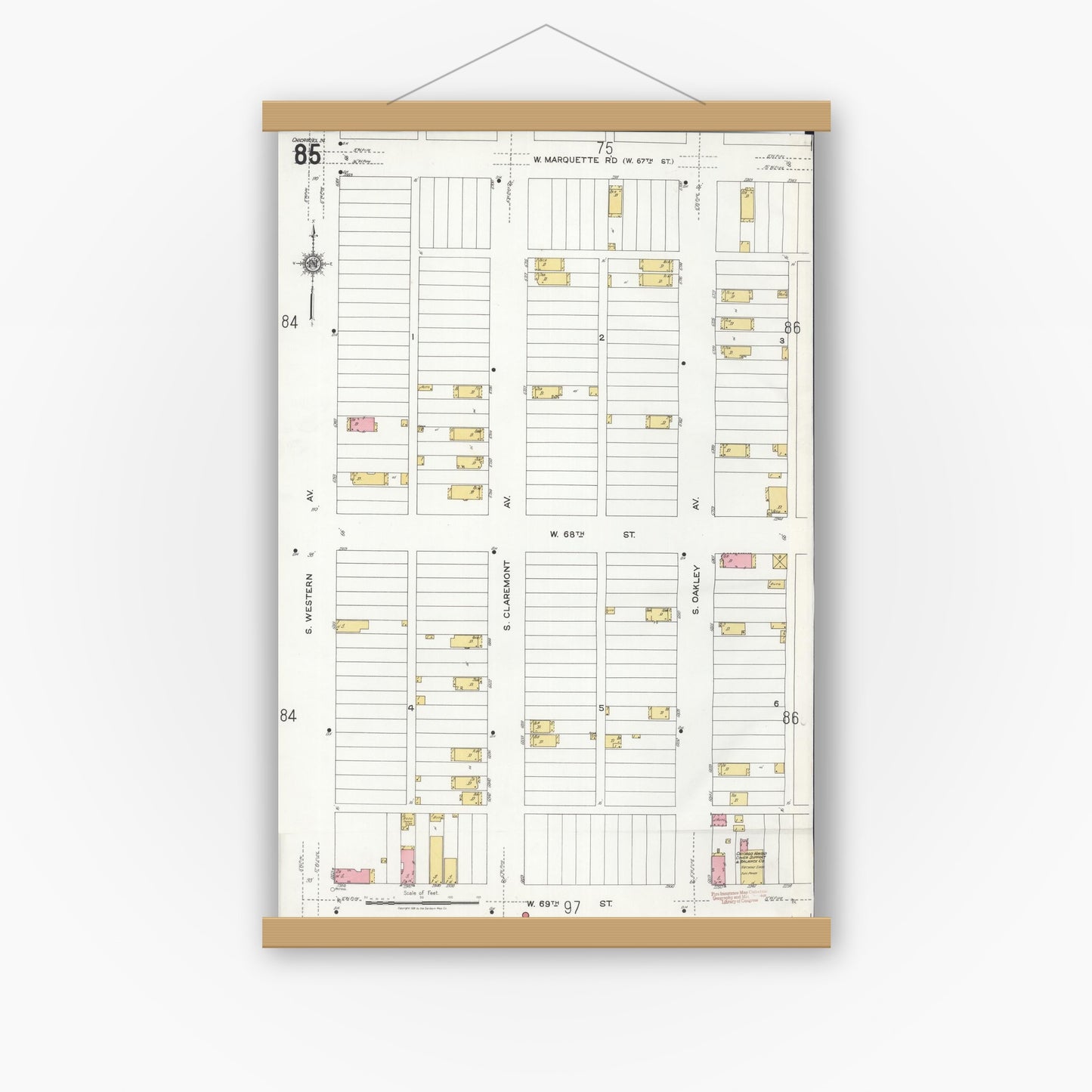 Old map wall art mockup — magnetic wood frame on white wall — Sanborn Fire Insurance Map from Chicago, Cook County, Illinois (1920), Sheet #0085