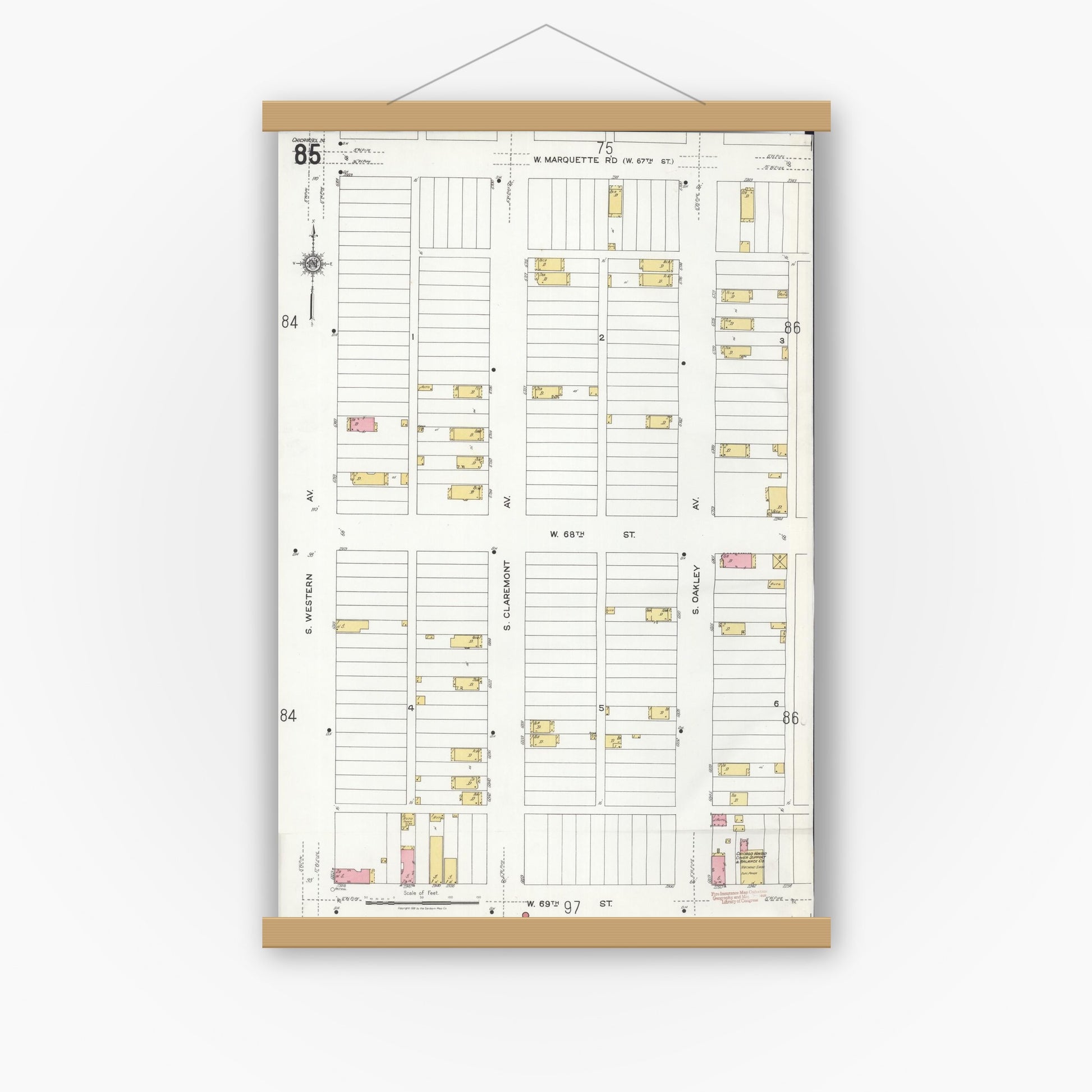 Old map wall art mockup — magnetic wood frame on white wall — Sanborn Fire Insurance Map from Chicago, Cook County, Illinois (1920), Sheet #0085